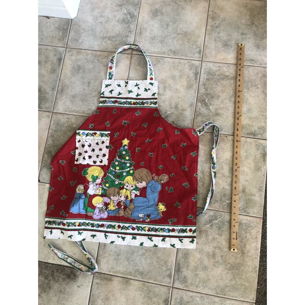 Vtg 90s Precious Moments Christmas Full Apron Red Handmade With Pocket - Picture 4 of 4